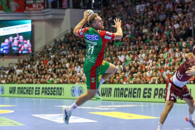 September 3, 2026, xgox, Handball Opel HBL SC Magdeburg vs. Füchse Berlin emspor, from left: Albin Lagergren (Magdeburg), 21, takes a shot, goal scorer, scores a goal, Magdeburg