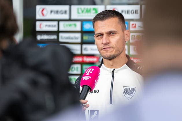 Thomas Woerle of SC Preussen Münster, head coach, in an interview with Magenta Sport GER; SC Preussen Münster vs. TSV Havelse, soccer, 3rd Division, Matchday 4, 2026–2027 season, September 5, 2026 DFL regulations prohibit the use of photographers to create image sequences and or quasi-video footage GER, SC Preussen Münster vs. TSV Havelse, soccer, 3. Liga, Matchday 4, 2026–2027 season, September 5, 2026, Münster Copyright: xEibner-Pressefoto JanxRollingerx EP_JSK