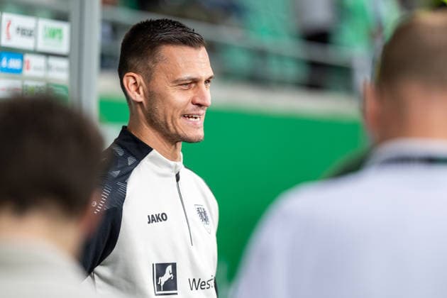 Thomas Woerle of SC Preussen Münster, head coach, in an interview with Magenta Sport GER; SC Preussen Münster vs. TSV Havelse, soccer, 3rd Division, Matchday 4, 2026–2027 season, September 5, 2026 DFL regulations prohibit the use of photographers to create image sequences and or quasi-video footage GER, SC Preussen Münster vs. TSV Havelse, soccer, 3. Liga, Matchday 4, 2026–2027 season, September 5, 2026, Münster Copyright: xEibner-Pressefoto JanxRollingerx EP_JSK