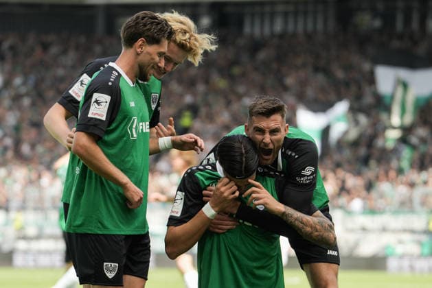 Germany 3rd Division 2026–2027, Matchday 4: SC Preußen Münster vs. TSV Havelse, Saturday, September 5, 2026, LVM Preußenstadion, Münster, North Rhine-Westphalia, Germany; goal celebration, joy, emotions; 1–0 goal by Antonio Tikvic (SC Preußen Münster); 4; celebration with Felix Higl (SC Preußen Münster); 33 Copyright: xMerlexKölkingx