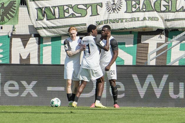 Germany 3rd Division 2026–2027, Matchday 4: SC Preußen Münster vs. TSV Havelse, Saturday, September 5, 2026, LVM Preußenstadion, Münster, North Rhine-Westphalia, Germany. Alexander Guiddir scores the 1-1 goal for TSV Havelse. TSV Havelse, 20: Goal celebration, joy, emotions. Kwasi Wriedt, TSV Havelse, 11 Copyright: xMerlexKölkingx