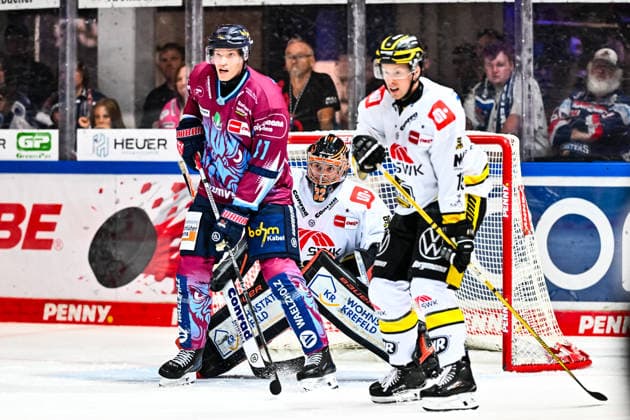 Maximilian Eisenmenger, Iserlohn Roosters, 41; Erik Buschmann, Krefeld Pinguine, 15; Juha Jatkola, Krefeld Pinguine, 32, GER, Iserlohn Roosters vs. Krefeld Pinguine, Ice Hockey, Penny DEL, Exhibition Game, 2026–2027 Season, August 5, 2026, GER, Iserlohn Roosters vs. Krefeld Pinguine, Ice Hockey, Penny DEL, Exhibition Game, 2026–2027 Season, August 5, 2026, Iserlohn Copyright: xJonasxBrockmann Eibner-Pressefotx EP_JBN