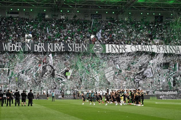 Fan choreography by the Gladbach fans, September 5, 2026; Soccer, Bundesliga 1, 2026–2027 season, Matchday 2, Borussia Mönchengladbach vs. SV Elversberg 3–4. DFL regulations prohibit any use of photographs as image sequences and or quasi-video. Mönchengladbach, Borussia Park, North Rhine-Westphalia, Germany Team2