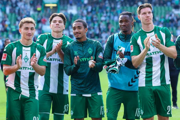 Ivan San Jose Cantalejo Chuki of Werder Bremen, Dariusz Stalmach of Werder Bremen, Arthur of Werder Bremen, Moussa Ndiaye of Werder Bremen, and Cedric Itten of Werder Bremen celebrate during the Bundesliga 1 match between SV Werder Bremen and RB Leipzig, at Weserstadion on September 5, 2026, in Bremen, Germany. Photo by Marco Steinbrenner, DeFodi Images. Ivan San Jose Cantalejo Chuki of Werder Bremen, Dariusz Stalmach of Werder Bremen, Arthur of Werder Bremen, Moussa Ndiaye of Werder Bremen and Cedric Itten of Werder Bremen cheer during the Bundesliga match between SV Werder Bremen and RB Leipzig at Weserstadion on September 5, 2026 in Bremen, Germany. Photo by Marco Steinbrenner, DeFodi Images. DFB and DFL regulations prohibit any use of photographs as image sequences and or quasi-video. Photo by Marco Steinbrenner, DeFodi Images