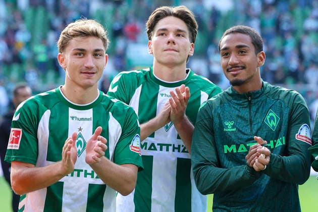 Ivan San Jose Cantalejo Chuki of Werder Bremen, Dariusz Stalmach of Werder Bremen, and Arthur of Werder Bremen celebrate during the Bundesliga match between SV Werder Bremen and RB Leipzig at Weserstadion on September 5, 2026, in Bremen, Germany. Photo by Marco Steinbrenner, DeFodi Images. Ivan San Jose Cantalejo Chuki of Werder Bremen, Dariusz Stalmach of Werder Bremen, and Arthur of Werder Bremen cheer during the Bundesliga match between SV Werder Bremen and RB Leipzig at Weserstadion on September 5, 2026 in Bremen, Germany. Photo by Marco Steinbrenner, DeFodi Images. DFB and DFL regulations prohibit any use of photographs as image sequences and or quasi-video. Photo by Marco Steinbrenner, DeFodi Images