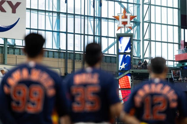 September 6, 2026, Houston, Texas, USA: Houston Astros coaches, left Major League Game Planning coach TOMMY KAWAMURA (99), middle Major League Field Coordinator JASON BELL (35), and right Third Base Coach TONY PEREZCHICA (12), stand during the national anthem prior to a Major League Baseball game between the Arizona Diamondbacks and the Houston Astros, September 6th, 2026, at Daikin Park in Houston, Texas. Houston USA - ZUMAg287 20260906_zsp_g287_003 Copyright: xMatthewxGuzmanx