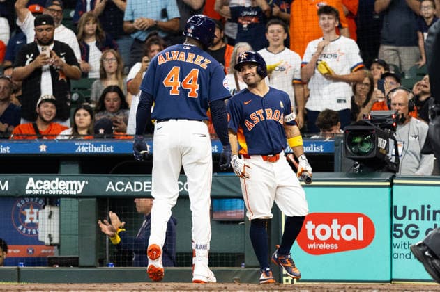 September 6, 2026, Houston, Texas, USA: Houston Astros designated hitter YORDAN ALVAREZ (44) celebrates with Houston Astros second baseman JOSE ALTUVE (27) after hitting a home run during the first inning of a Major League Baseball game between the Arizona Diamondbacks and the Houston Astros, September 6th, 2026, at Daikin Park in Houston, Texas. Houston USA - ZUMAg287 20260906_zsp_g287_023 Copyright: xMatthewxGuzmanx