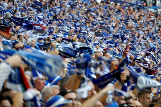 Gelsenkirchen, Germany, 2026–27 Bundesliga Season, Matchday 2: FC Schalke 04 vs. FC Bayern Munich 0–0 on September 5, 2026, at the Veltins Arena in Schalke. FC Schalke 04 fans rhythmically waving and twirling their scarves in known as the scarf parade