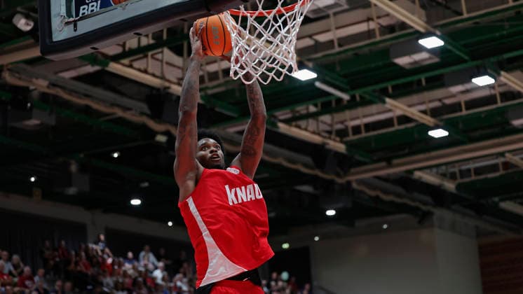 Pictured: Eddie Colbert III of the Würzburg Baskets, 0, with the alley-oop on 08 09 2026, Fitness First Würzburg Baskets vs. Kreisbau Kirchheim Knights, exhibition game, Germany, 97072, tectake Arena Würzburg, Copyright: HMBxMedia xJulienxBecker