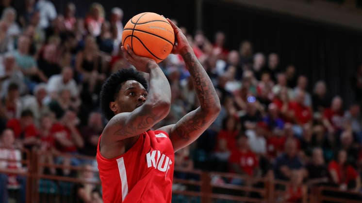 Pictured: Eddie Colbert III of the Wuerzburg Baskets, 0, making a three-pointer on September 8, 2026, Fitness First Wuerzburg Baskets vs. Kreisbau Kirchheim Knights, exhibition game, Germany, 97072, tectake Arena Wuerzburg, Copyright: HMBxMedia xJulienxBecker