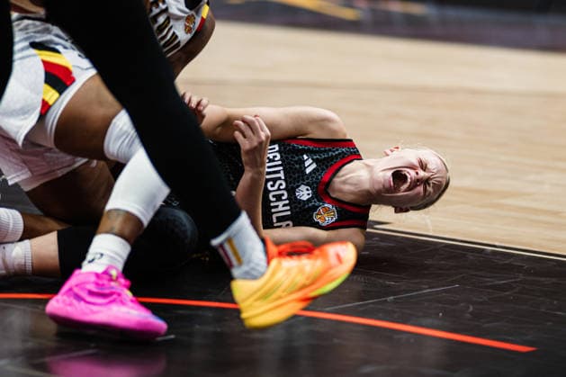 FIBA Women’s Basketball World Cup 2026: Belgium vs. Germany, September 10, 2026—Emma Eichmeyer of Germany, No. 9, screams in pain—Basketball, FIBA Women’s Basketball World Cup 2026, Final Phase, Quarterfinals: Belgium vs. Germany on September 10, 2026, at the Uber Arena, Berlin Copyright: xBEAUTIFULxSPORTS Tonhäuserx