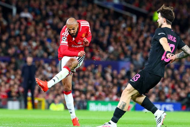 RECORD DATE NOT STATED 10th September 2026; Old Trafford, Manchester, England; UEFA Champions League Football, Manchester United, ManU versus Sabah; Noussair Mazraoui of Manchester United shoots at goal RogerxEvans