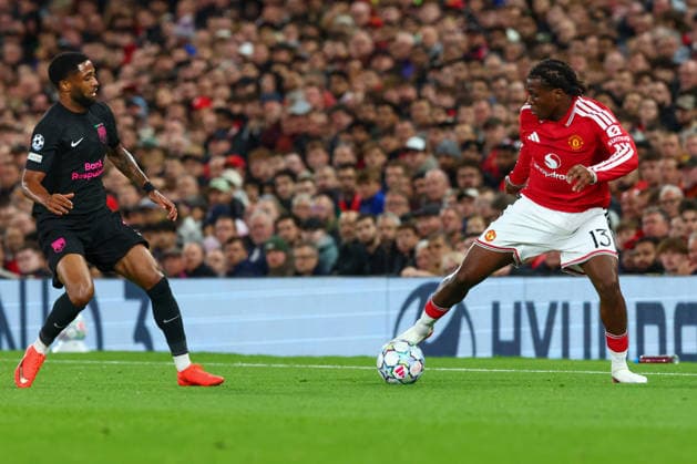 RECORD DATE NOT STATED 10th September 2026; Old Trafford, Manchester, England; UEFA Champions League Football, Manchester United, ManU versus Sabah; Patrick Dorgu of Manchester United tracked by Kaheem Parris of Sabah FK RogerxEvans