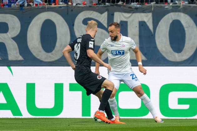 Tackle between Meiko Sponsel of FC Viktoria Cologne, 19, and David Kopacz of FC Hansa Rostock, 27; FC Viktoria Cologne vs. FC Hansa Rostock, Soccer, 3. Liga, Matchday 5, 2026–2027 Season, September 11, 2026 DFL and DFB regulations prohibit any use of photographs as image sequences and or quasi-video. FC Viktoria Cologne vs. FC Hansa Rostock, soccer, 3. Liga, Matchday 5, 2026–2027 season, September 11, 2026, Cologne Copyright: xEibner-Pressefoto ThomasxHaeslerx EP_THR