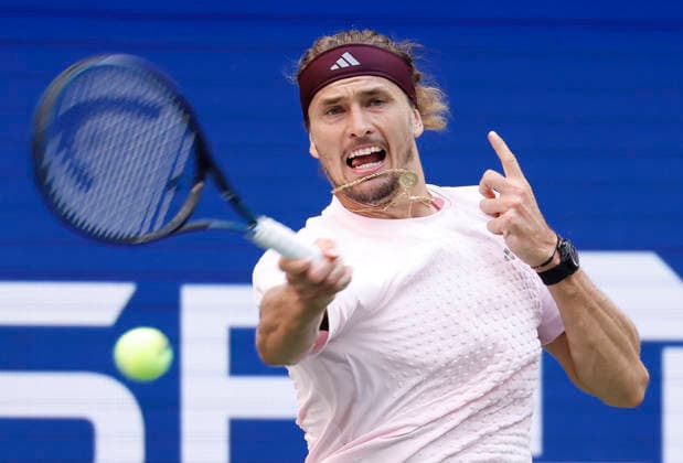 Alexander Zverev of Germany hits a forehand return to Karen Khachanov during the second set of the Men s semifinals in Arthur Ashe Stadium at the 2026 US Open Tennis Championship at the USTA Billie Jean King National Tennis Center in New York City on Friday, September 11, 2026.  NYP20260911816 JOHNxANGELILLO