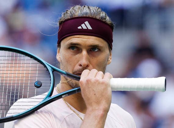 Alexander Zverev of Germany reacts during the third set of his Men s semifinal match against Karen Khachanov in Arthur Ashe Stadium at the 2026 US Open Tennis Championship at the USTA Billie Jean King National Tennis Center in New York City on Friday, September 11, 2026.  NYP20260911831 JOHNxANGELILLO