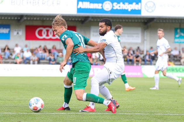 September 12, 2026, Soccer, Men s, Bavarian Regional League, 2026–2027 Season, Matchday 8: VfB Eichstätt vs. FC Schweinfurt 05. From left: Elias Herger (VfB Eichstätt, No. 11) vs. Jason Prodanovic (FC Schweinfurt 05, No. 17). Eichstätt Hirsch Sportpark, Bavaria, Germany