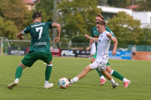 September 12, 2026, Soccer, Men s, Bavarian Regional League, 2026–2027 Season, Matchday 8: VfB Eichstätt vs. FC Schweinfurt 05. From left: Lucas Schraufstetter (VfB Eichstätt), No. 07, against Philipp Hack (FC Schweinfurt 05), No. 07. Eichstätt Hirsch Sportpark, Bavaria, Germany