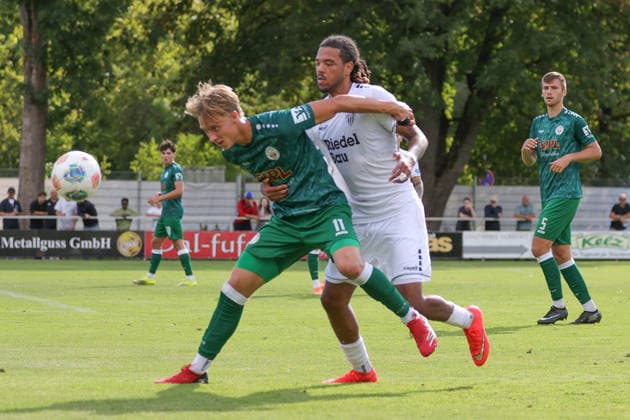 September 12, 2026, Soccer, Men s, Bavarian Regional League, 2026–2027 Season, Matchday 8: VfB Eichstätt vs. FC Schweinfurt 05. From left: Elias Herger (VfB Eichstätt), No. 11, against Morris Adelabu (FC Schweinfurt 05), No. 27. Eichstätt Hirsch Sportpark, Bavaria, Germany