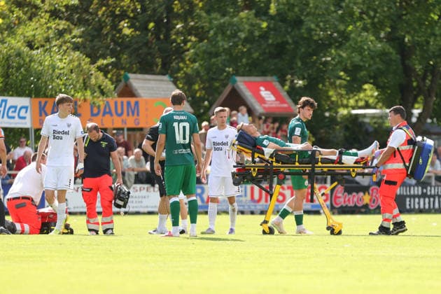 September 12, 2026, Soccer, Men s, Bavarian Regional League, 2026–2027 Season, Matchday 8: VfB Eichstätt vs. FC Schweinfurt 05. Injured VfB Eichstätt player Daniel Hofrichter (No. 08) is carried off the field at Hirsch Sportpark in Eichstätt, Bavaria, Germany