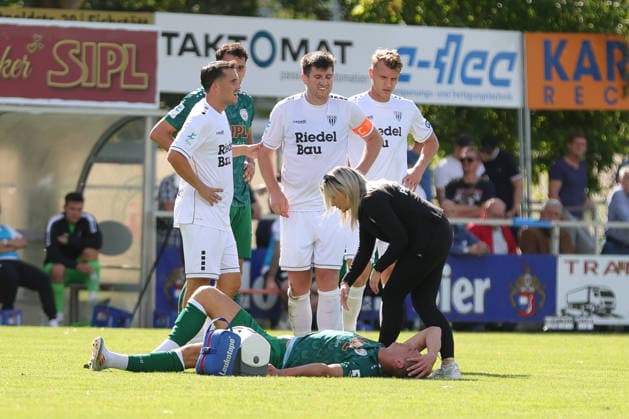 September 12, 2026, Soccer, Men s, Bavarian Regional League, 2026–2027 Season, Matchday 8: VfB Eichstätt vs. FC Schweinfurt 05. Injured VfB Eichstätt player Daniel Hofrichter (No. 08) is receiving treatment on the field at Eichstätt Hirsch Sportpark, Bavaria, Germany