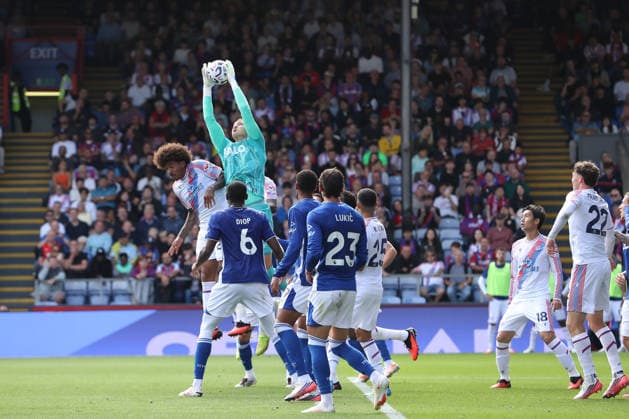 12th September 2026; Selhurst Park, London, England; Premier League Football, Crystal Palace versus Ipswich Town; goalkeeper Kjell Scherpen of Ipswich Town jumps above Chris Richards of Crystal Palace to catch an incoming corner KatiexChan