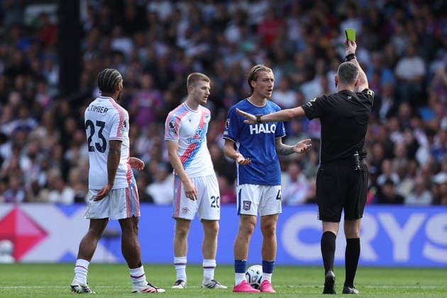 12th September 2026; Selhurst Park, London, England; Premier League Football, Crystal Palace versus Ipswich Town; Jack Clarke of Ipswich Town receives a yellow card KatiexChan