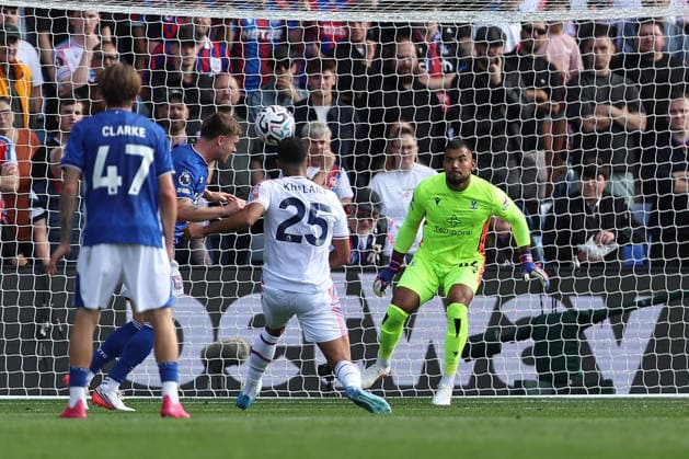 12th September 2026; Selhurst Park, London, England; Premier League Football, Crystal Palace versus Ipswich Town; Leif Davis of Ipswich Town scores from with a header in the 45th minute for 1-2 KatiexChan