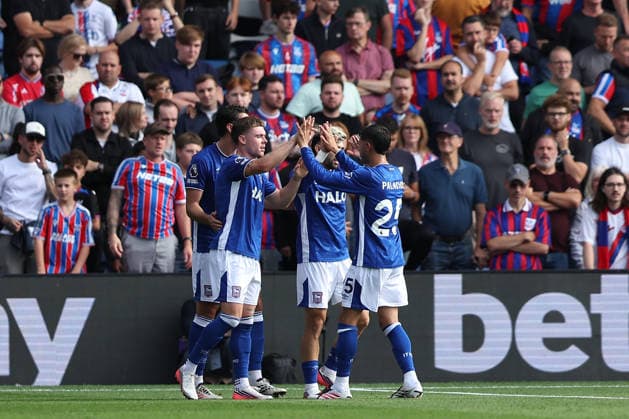 12th September 2026; Selhurst Park, London, England; Premier League Football, Crystal Palace versus Ipswich Town; Leif Davis of Ipswich Town celebrates his goal in the 45th minute for 1-2 KatiexChan