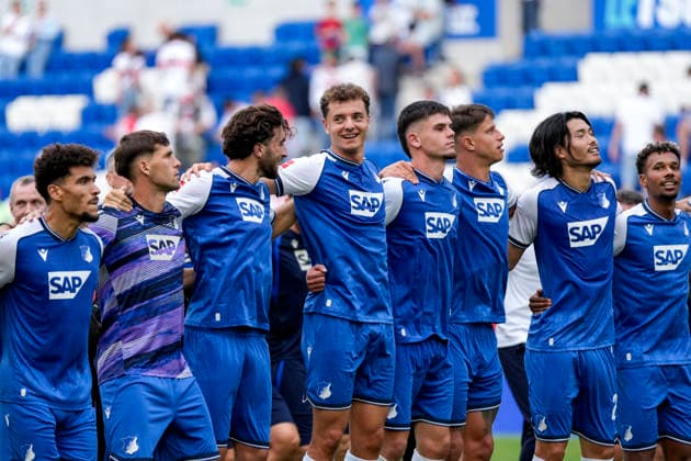 TSG 1899 Hoffenheim players, celebrating after the final whistle, joy over the victory, winners, celebrating, cheerful, positive, happy, optimistic, highlight, action, September 12, 2026, Sinsheim, Germany, soccer, Bundesliga, TSG 1899 Hoffenheim vs. VfB Stuttgart, DFB and DFL regulations prohibit any use of photographs as image sequences and or quasi-video xozx