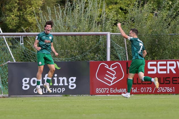 September 12, 2026, Soccer, Men s, Bavarian Regional League, 2026–2027 Season, Matchday 8: VfB Eichstätt vs. FC Schweinfurt 05. From left: Moritz Gündling (VfB Eichstätt, No. 09) and Philipp Hack (FC Schweinfurt 05, No. 07) celebrate the 1–0 lead for VfB Eichstätt. Eichstätt Hirsch Sportpark, Bavaria, Germany