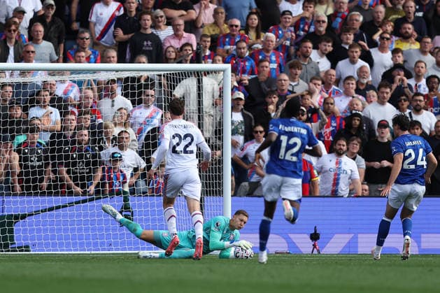 12th September 2026; Selhurst Park, London, England; Premier League Football, Crystal Palace versus Ipswich Town; goalkeeper Kjell Scherpen of Ipswich Town dives low to gather the ball ahead of Jorgen Strand Larsen of Crystal Palace KatiexChan