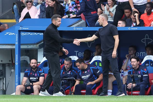 12th September 2026; Selhurst Park, London, England; Premier League Football, Crystal Palace versus Ipswich Town; Post match managers handshake between Crystal Palace manager Pierre Sage and Ipswich Town manager Gary O Neil KatiexChan