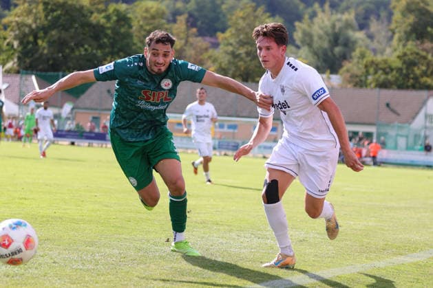 September 12, 2026, Soccer, Men s, Bavarian Regional League, 2026–2027 Season, Matchday 8: VfB Eichstätt vs. FC Schweinfurt 05. From left: Pascal Schittler (VfB Eichstätt, 32) vs. Lukas Mrozek (FC Schweinfurt 05, 06). Eichstätt Hirsch Sportpark, Bavaria, Germany