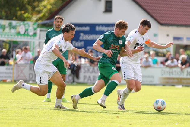 September 12, 2026, Soccer, Men s, Bavarian Regional League, 2026–2027 Season, Matchday 8: VfB Eichstätt vs. FC Schweinfurt 05. From left: Radon Hushcha (FC Schweinfurt 05, 33), Markus Müller (VfB Eichstätt, 19), Kevin Fery (FC Schweinfurt 05, 15). Eichstätt Hirsch Sportpark, Bavaria, Germany