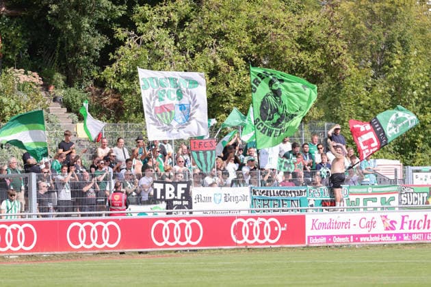 September 12, 2026, Soccer, Men s, Bavarian Regional League, 2026–2027 Season, Matchday 8: VfB Eichstätt vs. FC Schweinfurt 05. Fans from Schweinfurt who traveled with the team, waving flags in the visitors section at Eichstätt Hirsch Sportpark, Bavaria, Germany