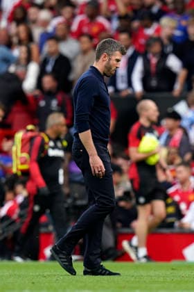 Manchester, England, 13th September 2026. Michael Carrick manager of Manchester United, ManU looks on dejected at the final whistle during the Manchester United vs Manchester City Premier League match at Old Trafford, Manchester. Picture credit should read: Andrew Yates Sportimage EDITORIAL USE ONLY. No use with unauthorised audio, video, data, fixture lists, club league logos or live services. Online in-match use limited to 120 images, no video emulation. No use in betting, games or single club league player publications. SPI_090_AY_MAN_UTD_MAN_CITY SPI-4993-0083