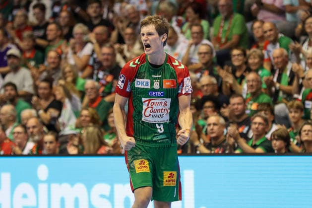 September 13, 2026, xgox, Handball Opel HBL SC Magdeburg vs. HSG Wetzlar emspor, from left: Oskar Vind Rasmussen (Magdeburg), 9, celebration, goal celebration, celebrating the goal, Magdeburg