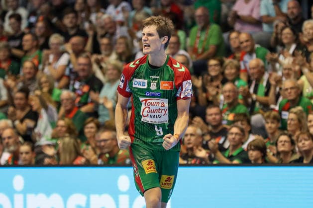 September 13, 2026, xgox, Handball Opel HBL SC Magdeburg vs. HSG Wetzlar emspor, from left: Oskar Vind Rasmussen (Magdeburg), 9, celebration, goal celebration, celebrating the goal, Magdeburg