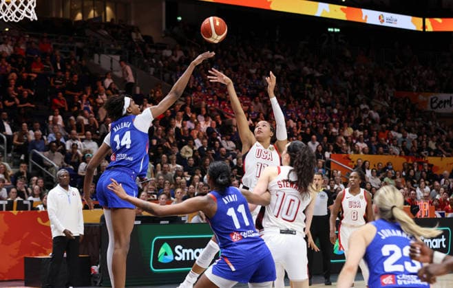 Dominique Malonga, Valeriane Ayayi, Napheesa Collier dribbling the ball, Breanna Stewart in a one-on-one matchup; game action; sports; basketball; FIBA World Cup; Women s World Championship; World Cup Final; 2026–2027 season; September 13, 2026; France vs. USA