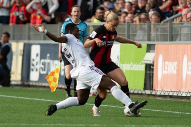 Cornelia Kramer 7, Bayer 04 Leverkusen Women, in a tackle, action shot, with Bernadette Amani 15, FC Bayern Munich Women; Bayer 04 Leverkusen Women vs. FC Bayern Munich Women, soccer, Google Pixel Women s Bundesliga, Matchday 4, 2026–2027, September 14, 2026. DFB regulations prohibit any use of photographs as image sequences and or quasi-video. Leverkusen, North Rhine-Westphalia, Germany Copyright: xkolbert-press MarkusxVerwimpx