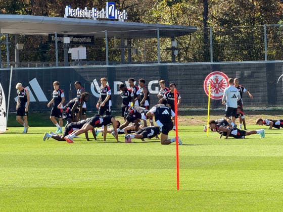 Eintracht Frankfurt trains on the auxiliary field next to the winter sports hall at Deutsche Bank Park on September 15, 2026. Bundesliga, 2026–2027 season. Eintracht Frankfurt Training