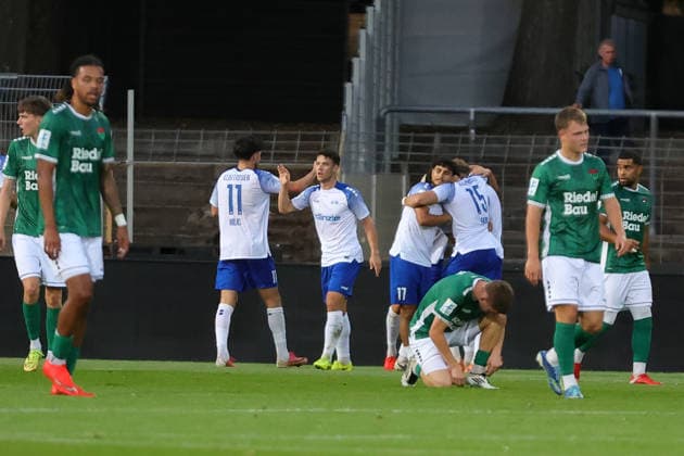 September 15, 2026, Soccer, Men’s, 2026–2027 Season, Bavarian Regional League, Matchday 9: FC Schweinfurt 05 vs. FV Illertissen; FV Illertissen celebrates a 1–0 victory at the Schweinfurt Riedel Bau Arena in Sachs, Bavaria, Lower Franconia, Germany