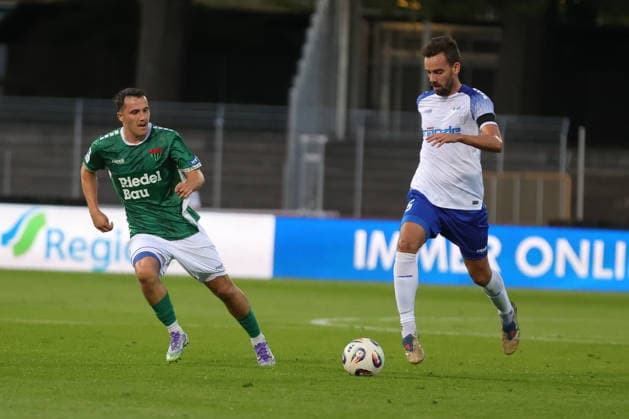 September 15, 2026, Soccer, Men s, 2026–2027 Season, Bavarian Regional League, Matchday 9: FC Schweinfurt 05 vs. FV Illertissen. From left: Nils Piwernetz (FC Schweinfurt 05, 19) and Marco Hingerl (FV Illertissen, 25). Schweinfurt, Riedel Bau Arena at Sachs Stadium, Bavaria, Lower Franconia, Germany