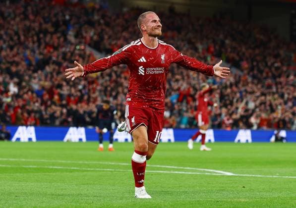 Alexis Mac Allister of Liverpool celebrates scoring the opening goal Liverpool v Tottenham Hotspur, EFL Carabao Cup, Football, Anfield, UK - 15 Sep 2026Liverpool Anfield United Kingdom EDITORIAL USE ONLY No use with unauthorised audio, video, data, fixture lists, club league logos or live services. Online in-match use limited to 120 images, no video emulation. No use in betting, games or single club league player publications.  Copyright: xMattxWest Shutterstockx 17152603ab