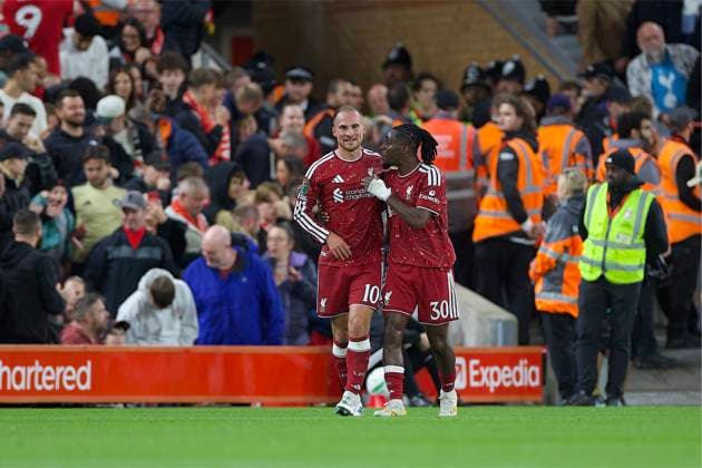 RECORD DATE NOT STATED Football - Football League Cup - 3rd Round - Liverpool FC v Tottenham Hotspur FC LIVERPOOL, ENGLAND - Tuesday, September 15, 2026: Liverpool s Alexis Mac Allister celebrates with team-mate Jeremie Frimpong after scoring the first goal during the Football League Cup 3rd Round match between Liverpool FC and Tottenham Hotspur FC at Anfield. (Photo by David Rawcliffe Propaganda) LIVERPOOL Anfield MERSEYSIDE ENGLAND  Copyright: xDavidxRawcliffex 2026-09-15-Liverpool_v_Tottenham-032
