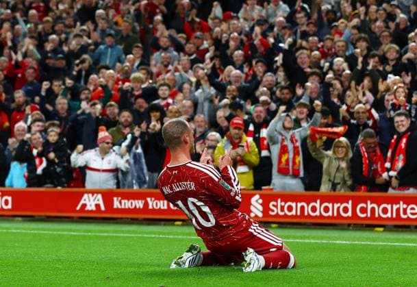 Alexis Mac Allister of Liverpool celebrates scoring the opening goal Liverpool v Tottenham Hotspur, EFL Carabao Cup, Football, Anfield, UK - 15 Sep 2026Liverpool Anfield United Kingdom EDITORIAL USE ONLY No use with unauthorised audio, video, data, fixture lists, club league logos or live services. Online in-match use limited to 120 images, no video emulation. No use in betting, games or single club league player publications.  Copyright: xMattxWest Shutterstockx 17152603ac