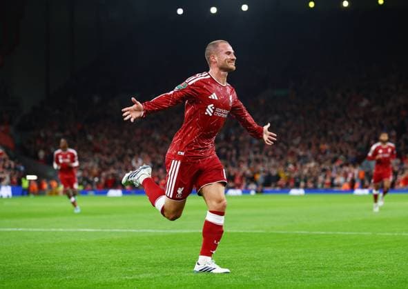 Alexis Mac Allister of Liverpool celebrates scoring the opening goal Liverpool v Tottenham Hotspur, EFL Carabao Cup, Football, Anfield, UK - 15 Sep 2026Liverpool Anfield United Kingdom EDITORIAL USE ONLY No use with unauthorised audio, video, data, fixture lists, club league logos or live services. Online in-match use limited to 120 images, no video emulation. No use in betting, games or single club league player publications.  Copyright: xMattxWest Shutterstockx 17152603ae