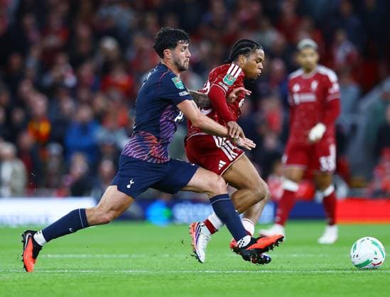 Rio Ngumoha of Liverpool and Marcos Senesi of Tottenham Hotspur Liverpool v Tottenham Hotspur, EFL Carabao Cup, Football, Anfield, UK - 15 Sep 2026Liverpool Anfield United Kingdom EDITORIAL USE ONLY No use with unauthorised audio, video, data, fixture lists, club league logos or live services. Online in-match use limited to 120 images, no video emulation. No use in betting, games or single club league player publications.  Copyright: xMattxWest Shutterstockx 17152603al
