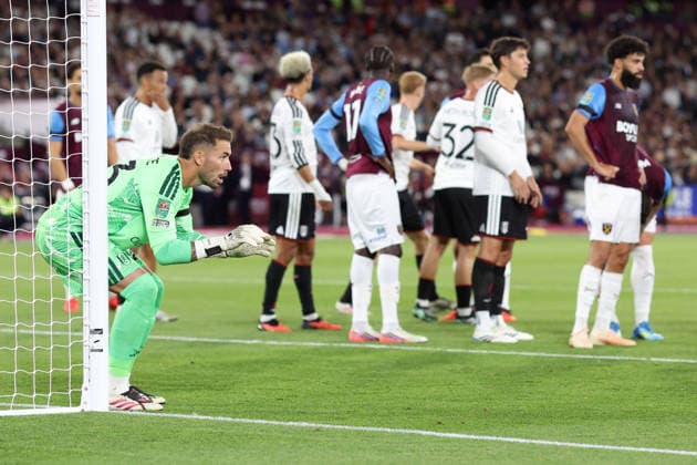 West Ham gegen Fulham, 15. September 2026, London, Carabao Cup, 3. Runde: West Ham United gegen Fulham. Fulham-Torhüter Benjamin Lecomte. Foto: Charlotte Wilson, Offside, London, Großbritannien  Copyright: xCharlottexWilsonx xOffsidexOffside